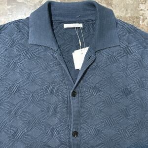 Zara Shirt Mens Medium Blue Knit Crochet Short Sleeve Beach Johnny Collar NEW